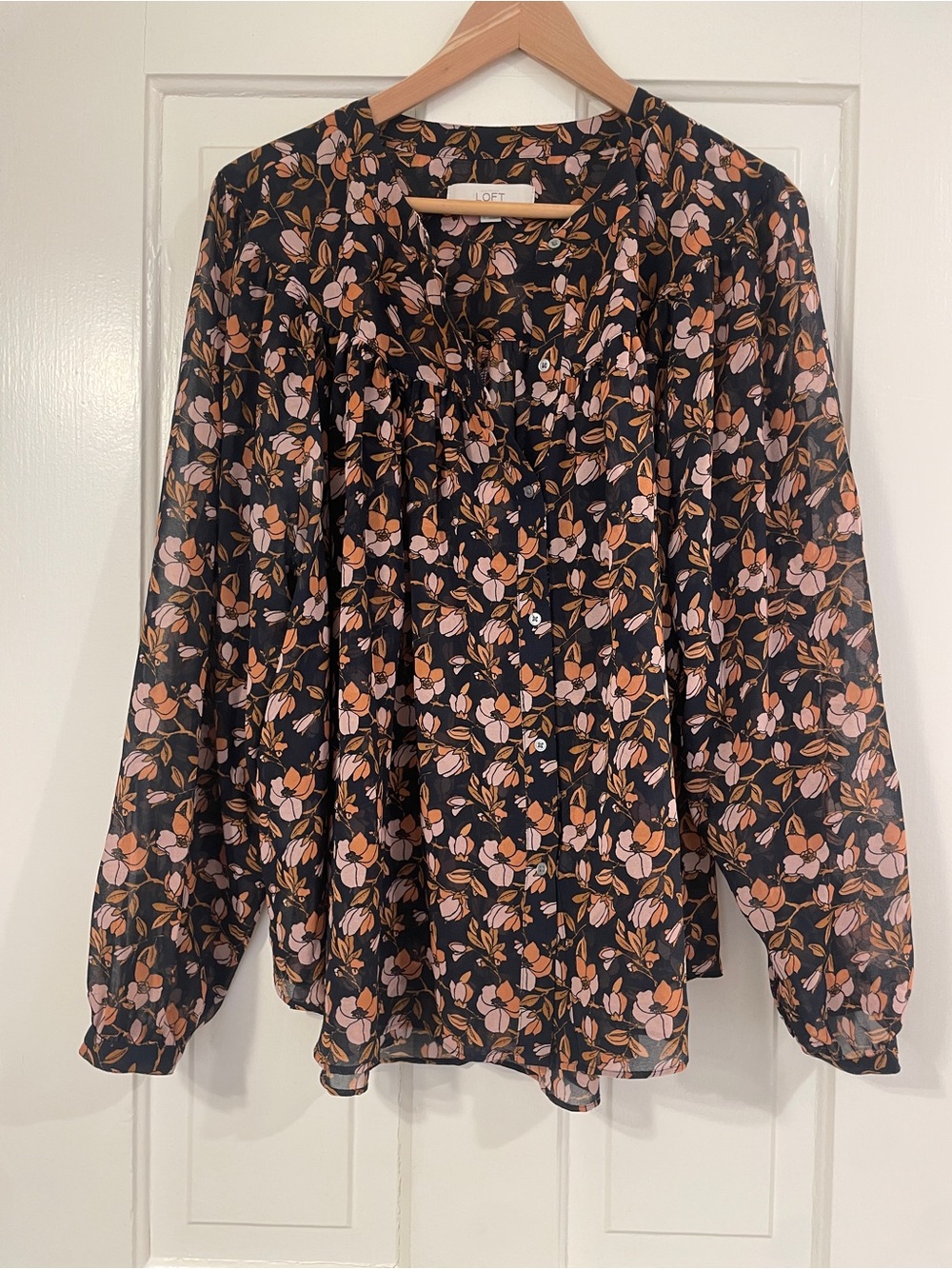 LOFT Navy Floral Blouse with Pink and Terracotta Flowers